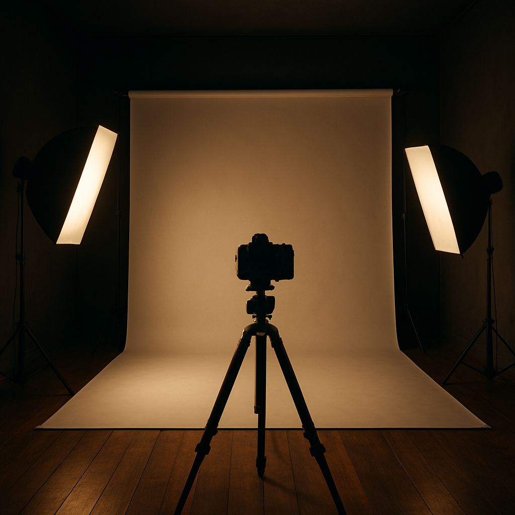 Professional photography studio with softbox lighting and camera on tripod